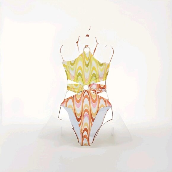 Becca Whirlpool Margot High Neck Halter One Piece Size Small Citrus Retro Print - Picture 1 of 16